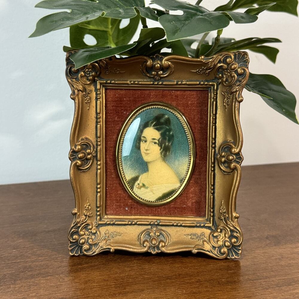 Vintage A Cameo Creation Framed Miniature Portrait Print Woman Red Velvet Mat 5"
